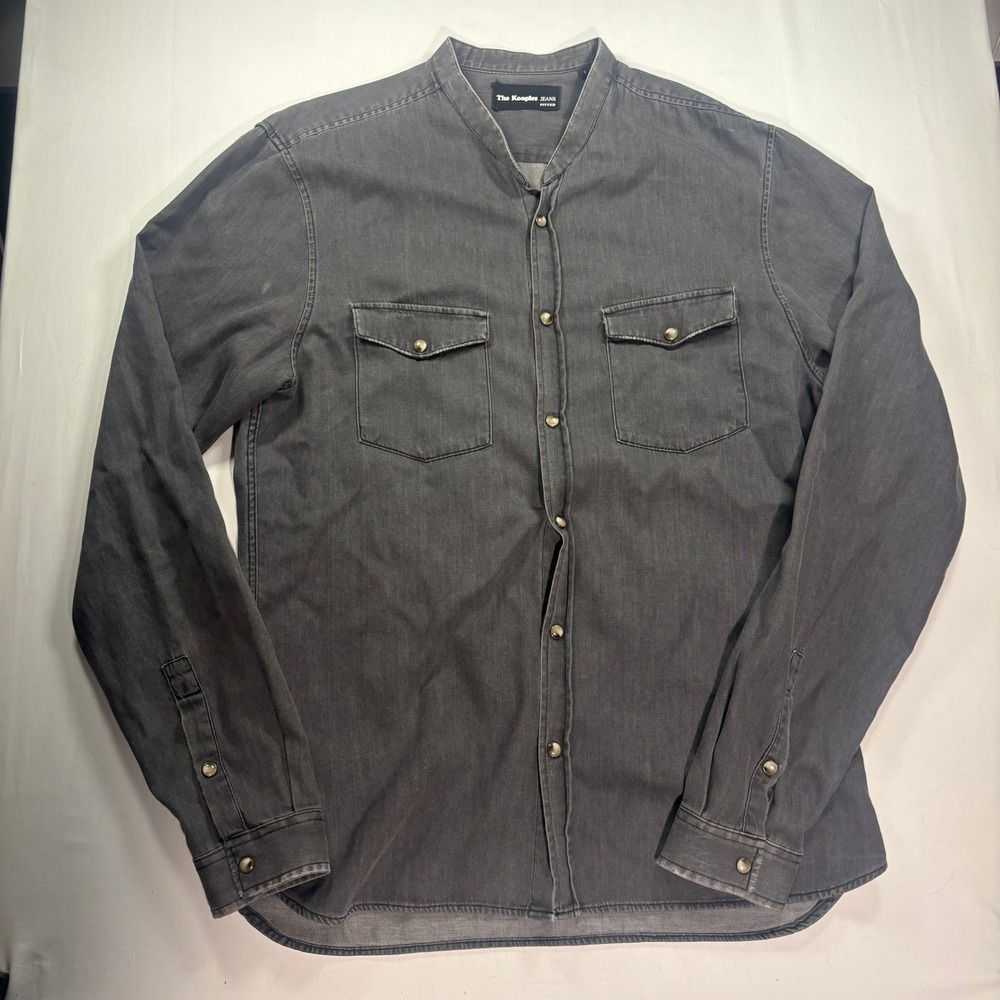 The Kooples Jeans Mens Gray Denim Mandarin Collar Fitted Snap Front Shirt L